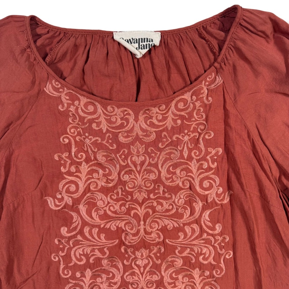 Savanna Jane Embroidered Peasant Blouse Rust Boho Fall Women's Medium